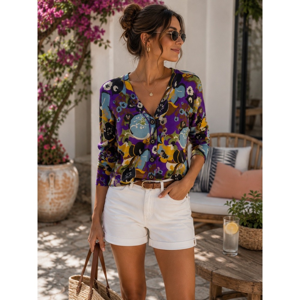 Tory Burch Wool Floral Cardigan Purple Psychedelic Print Small